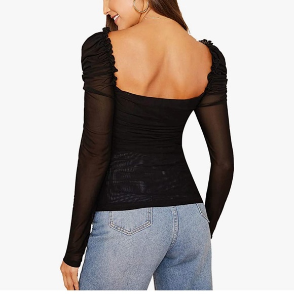 Floerns • Mesh Sheer Ruched Tops Square Neck Long Sleeve - Picture 2 of 4